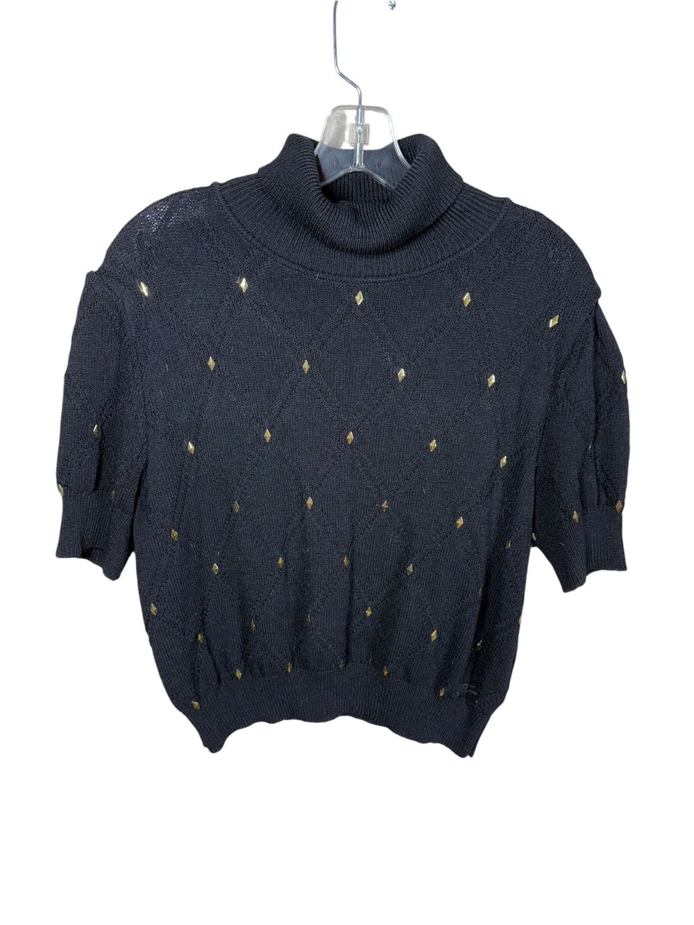 St. John Black Short-Sleeve Turtleneck Sweater with Gold Diamond Detail